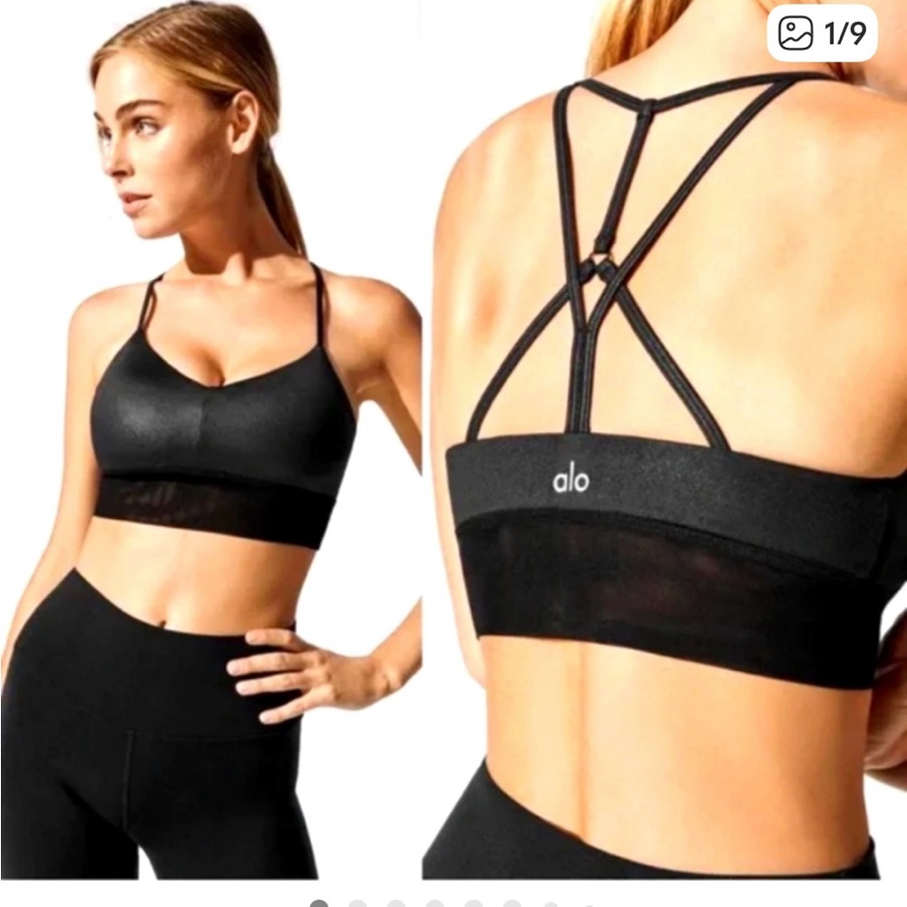 Alo yoga Lavish Black satin glossy Strappy with mesh Bralette